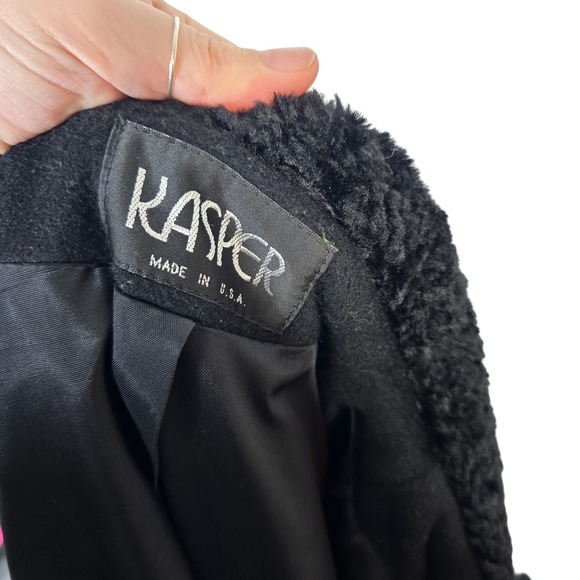Kasper Womens Black Double Breasted Wool Blend Coat Faux Fur Collar Made USA - Picture 7 of 8